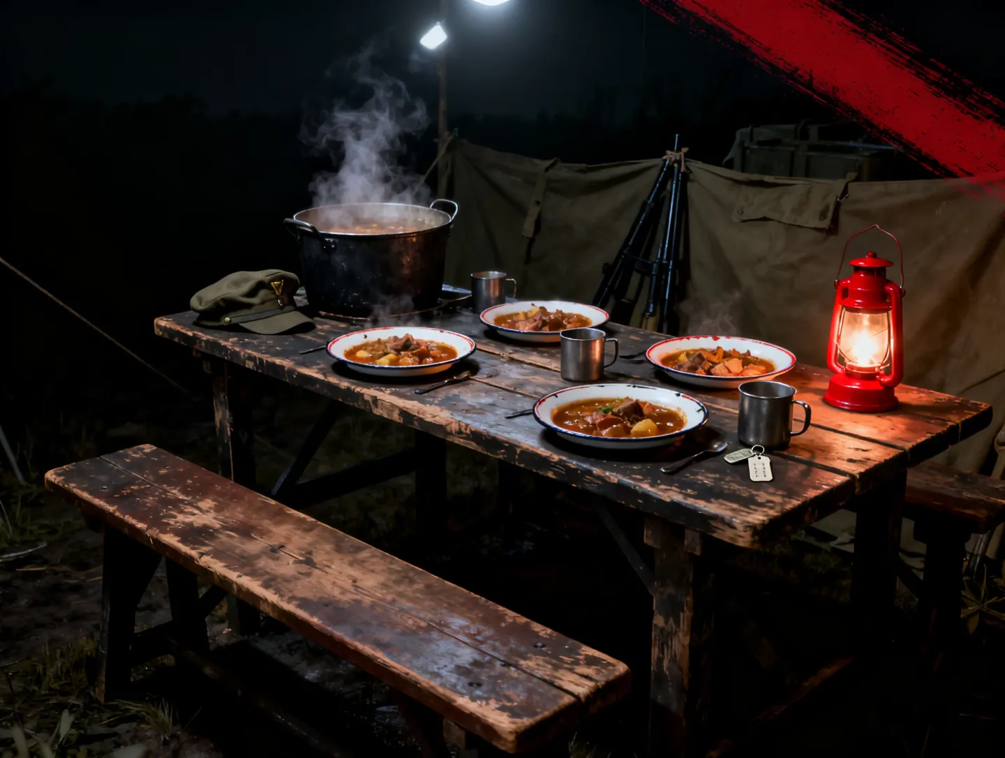 Feldküchen-Tafel im GiG-Stil: gedeckte Metallteller, ein dampfender Topf und ein freier Platz.