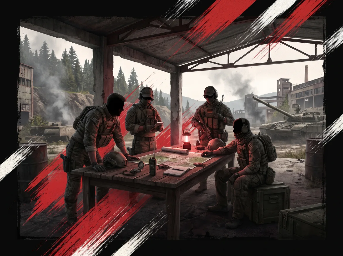 Illustration eines Squads bei der gemeinsamen Einsatzplanung.