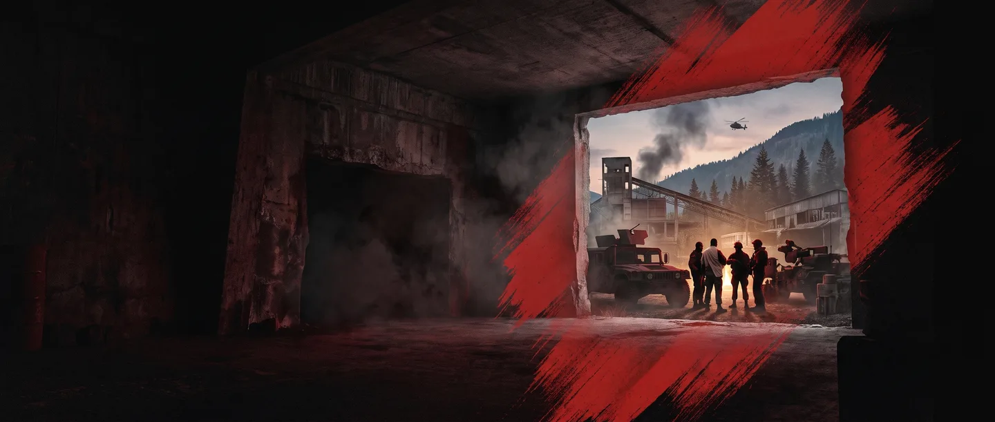 Illustration eines offenen Hangars mit wartendem Squad.