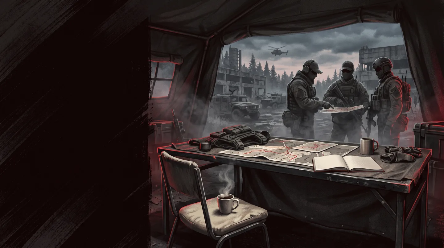 Illustration eines Planungstisches mit Funkgerat und Squad im Hintergrund.