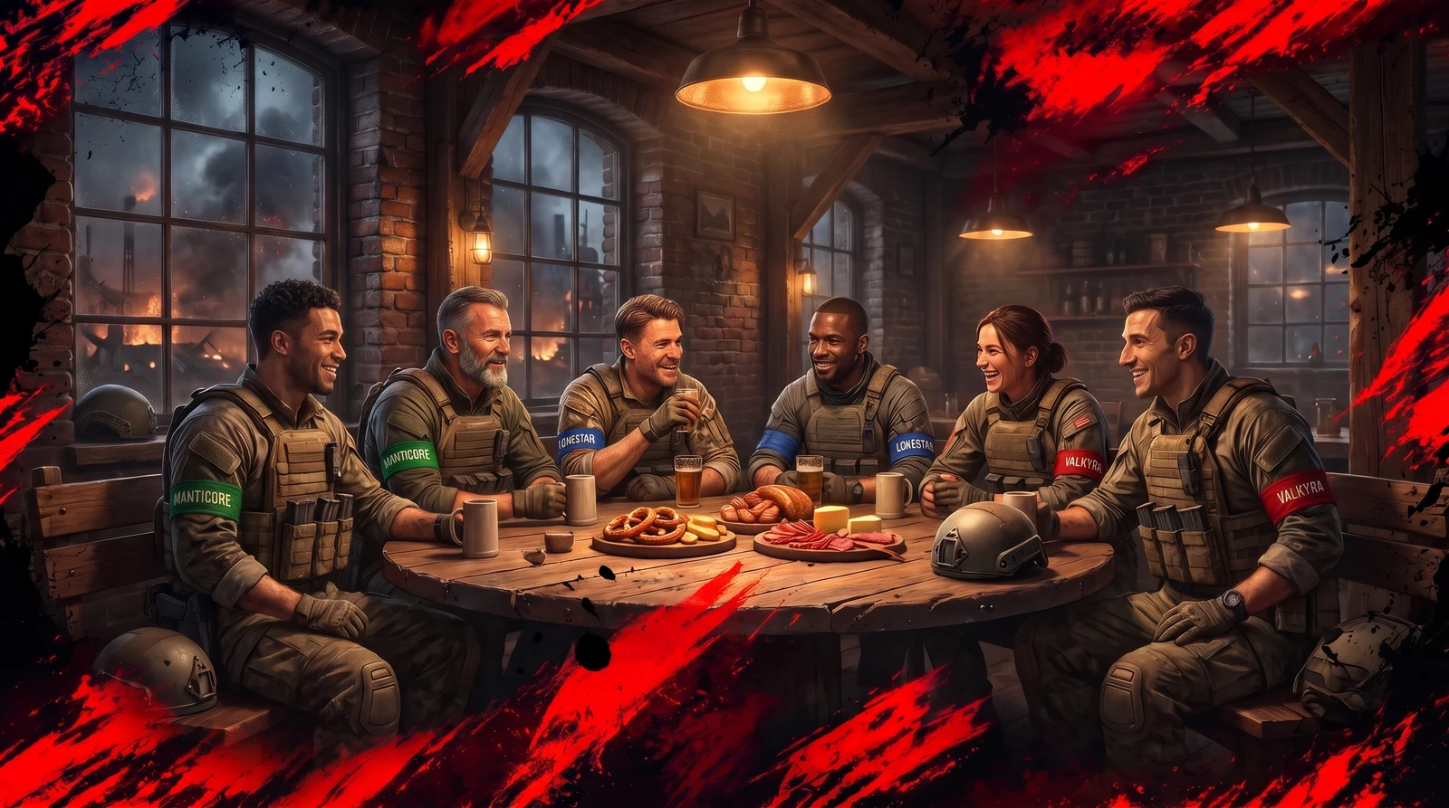 Community-Illustration: Mitglieder von Manticore, Lonestar und Valkyra sitzen gemeinsam an einem Kneipentisch.